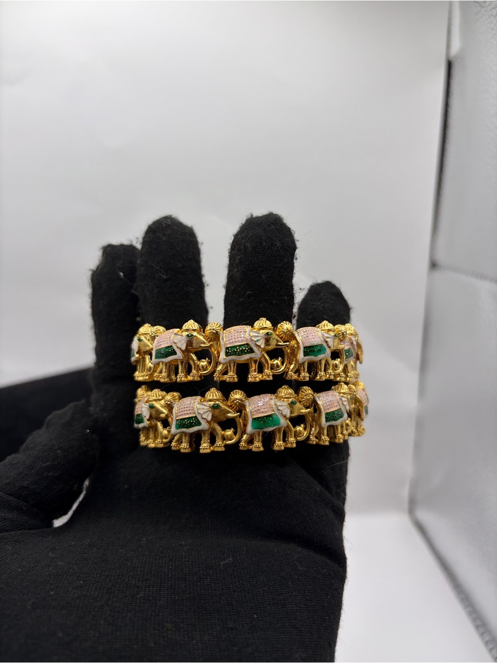 Traditional Gold-tone Elephant Bangle Bracelet with Pink and Green Enamel